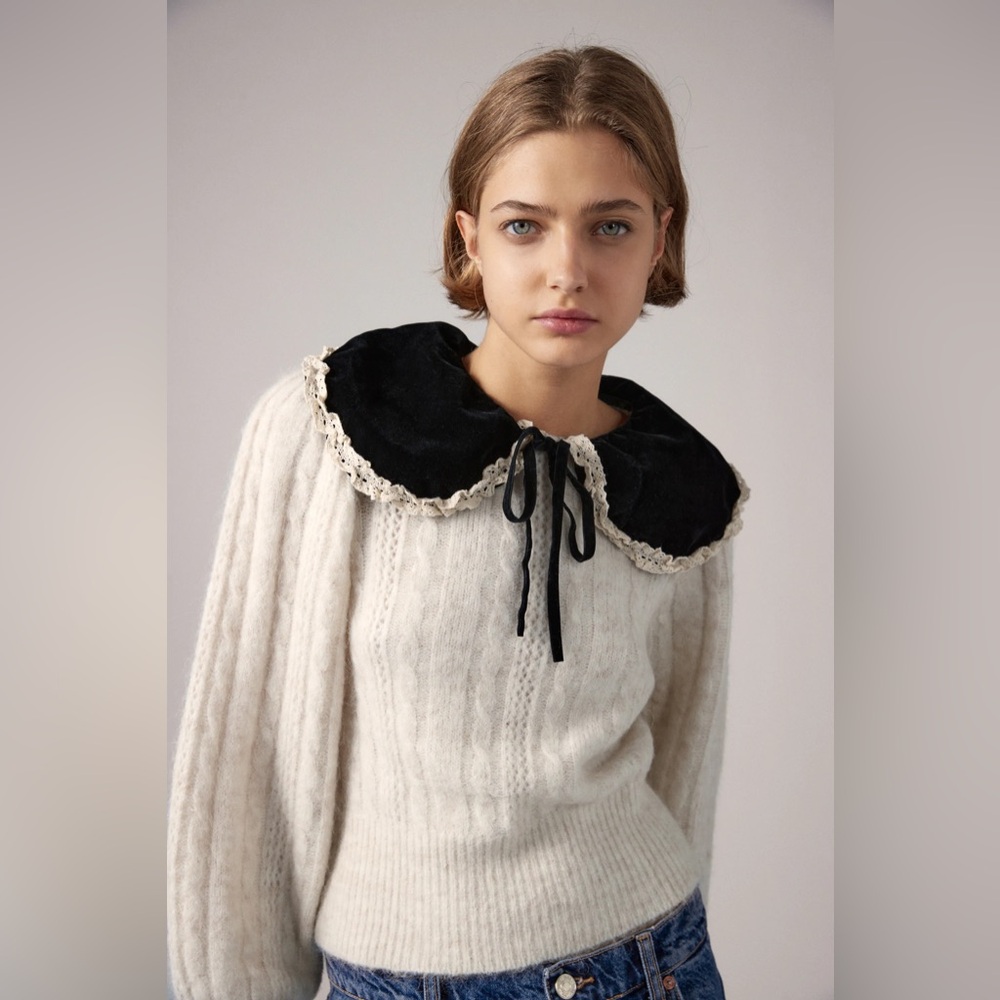 Zara Cream Cable Knit Sweater with Black Velvet Peter Pan Collar Lolita Goth